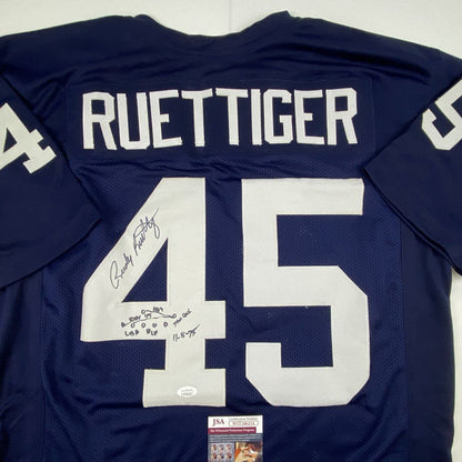 Autographed/Signed Rudy Ruettiger Hand Drawn Play Notre Dame Blue College Football Jersey JSA COA