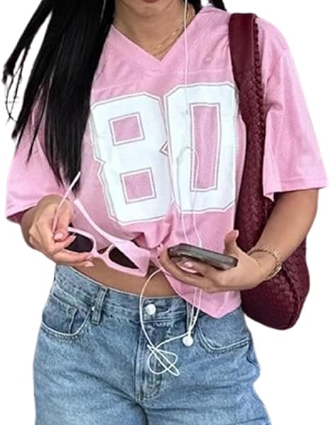 Women Y2k Jersey Shirts Short Sleeve V-Neck Number Oversized Soccer Jersey Tee Tops Sportswear
