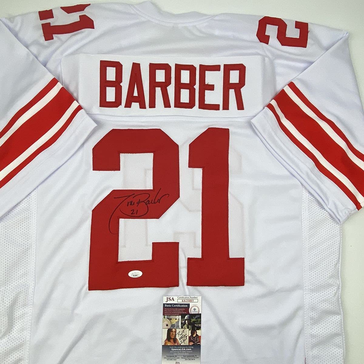 Autographed/Signed Tiki Barber New York White Football Jersey JSA COA