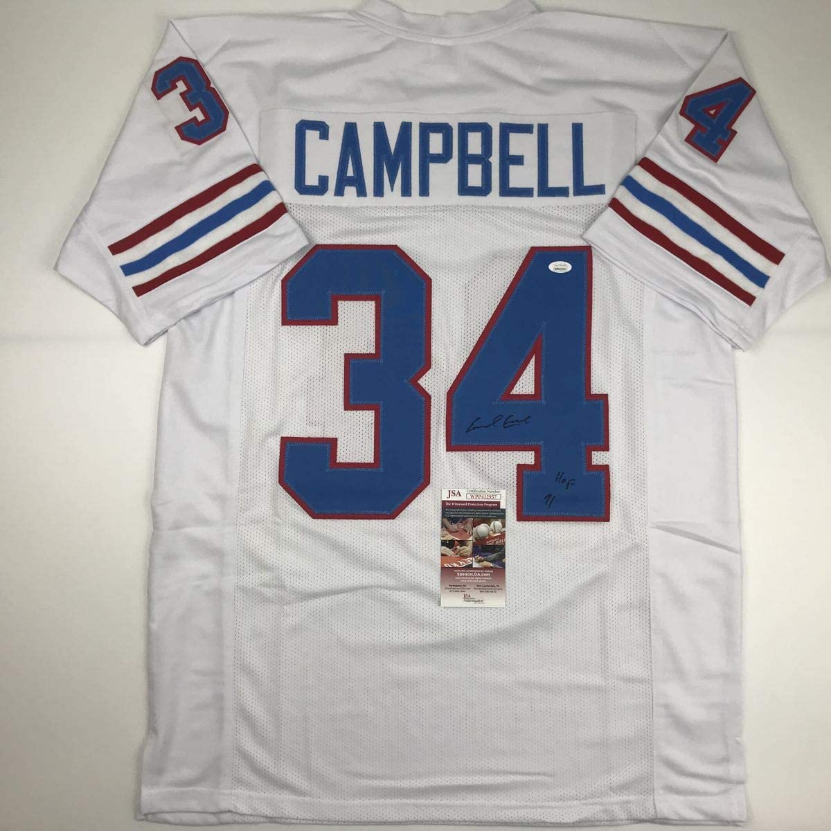 Autographed/Signed Earl Campbell HOF 91 Houston White Football Jersey JSA COA