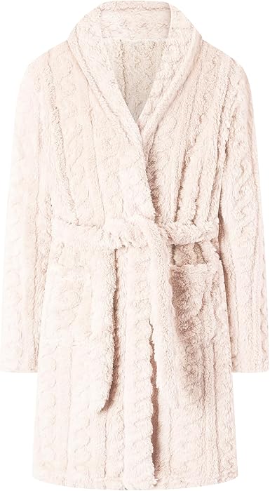 Umeyda Girls Soft Fleece Bathrobe, Cable Plush Hoodless Warm Robes with Belt Pockets for Kids, 2-15Y