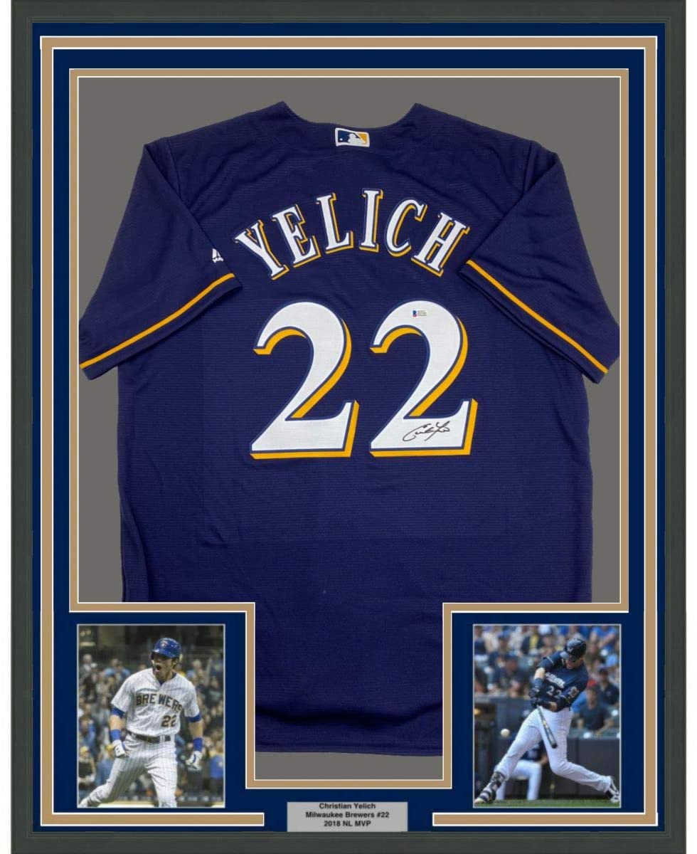 Framed Autographed/Signed Christian Yelich 35x39 Milwaukee Blue Baseball Jersey Beckett BAS COA