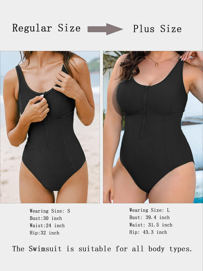 CUPSHE Women's One Piece Swimsuit Tummy Control Bathing Suit Zipper Front Adjustable Straps Ribbed Swimwear M Black