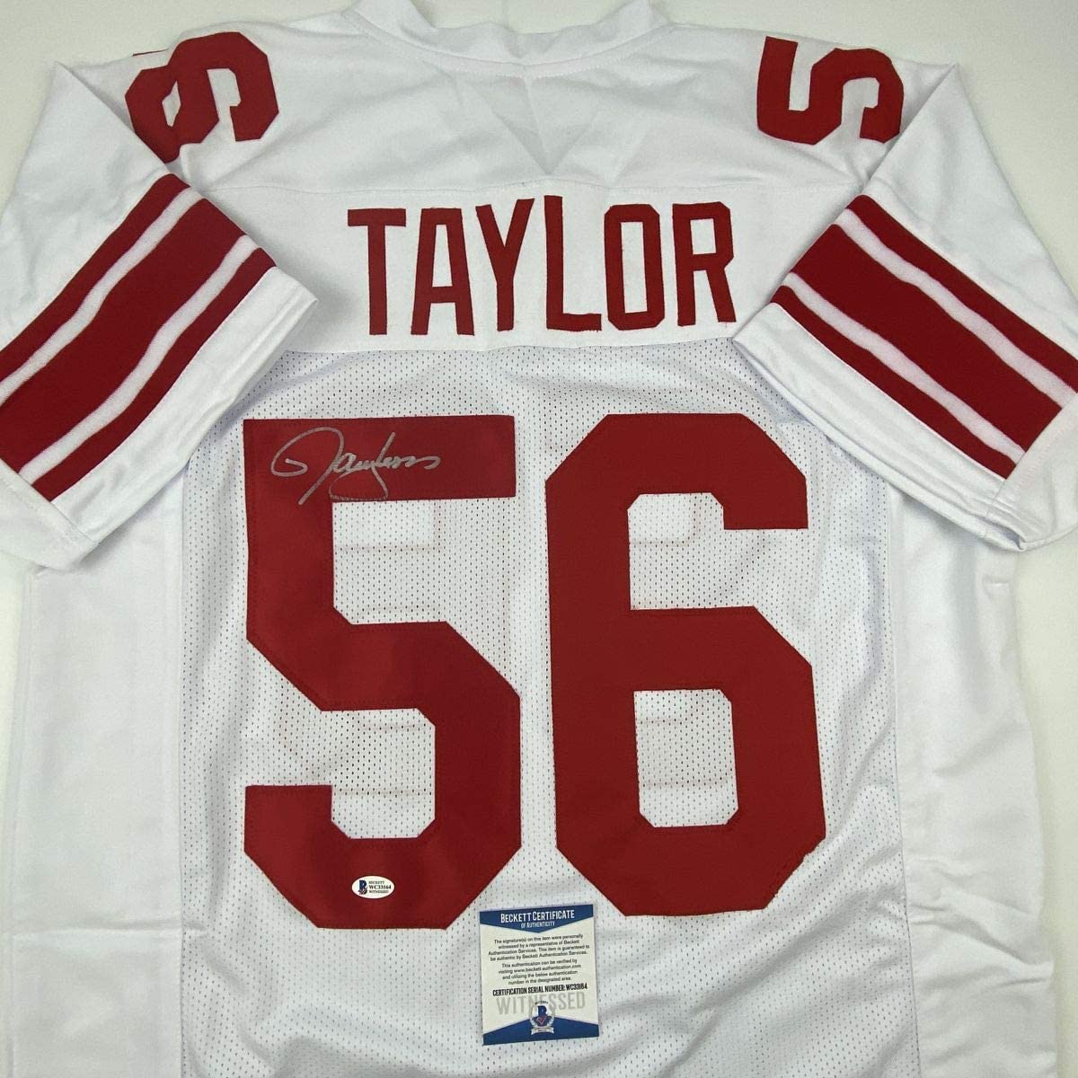 Autographed/Signed Lawrence Taylor New York White Football Jersey Beckett BAS COA