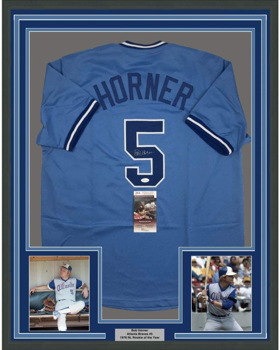 Framed Autographed/Signed Bob Horner 35x39 Atlanta Light Blue Baseball Jersey JSA COA