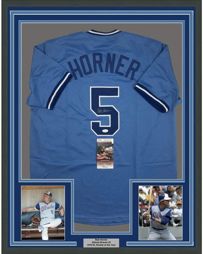 Framed Autographed/Signed Bob Horner 35x39 Atlanta Light Blue Baseball Jersey JSA COA