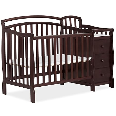 Casco 3-In-1 Mini Crib And Changing Table In Espresso, Convertible Crib, Made Of Pinewood, Three Position Adjustable Mattress Height Settings