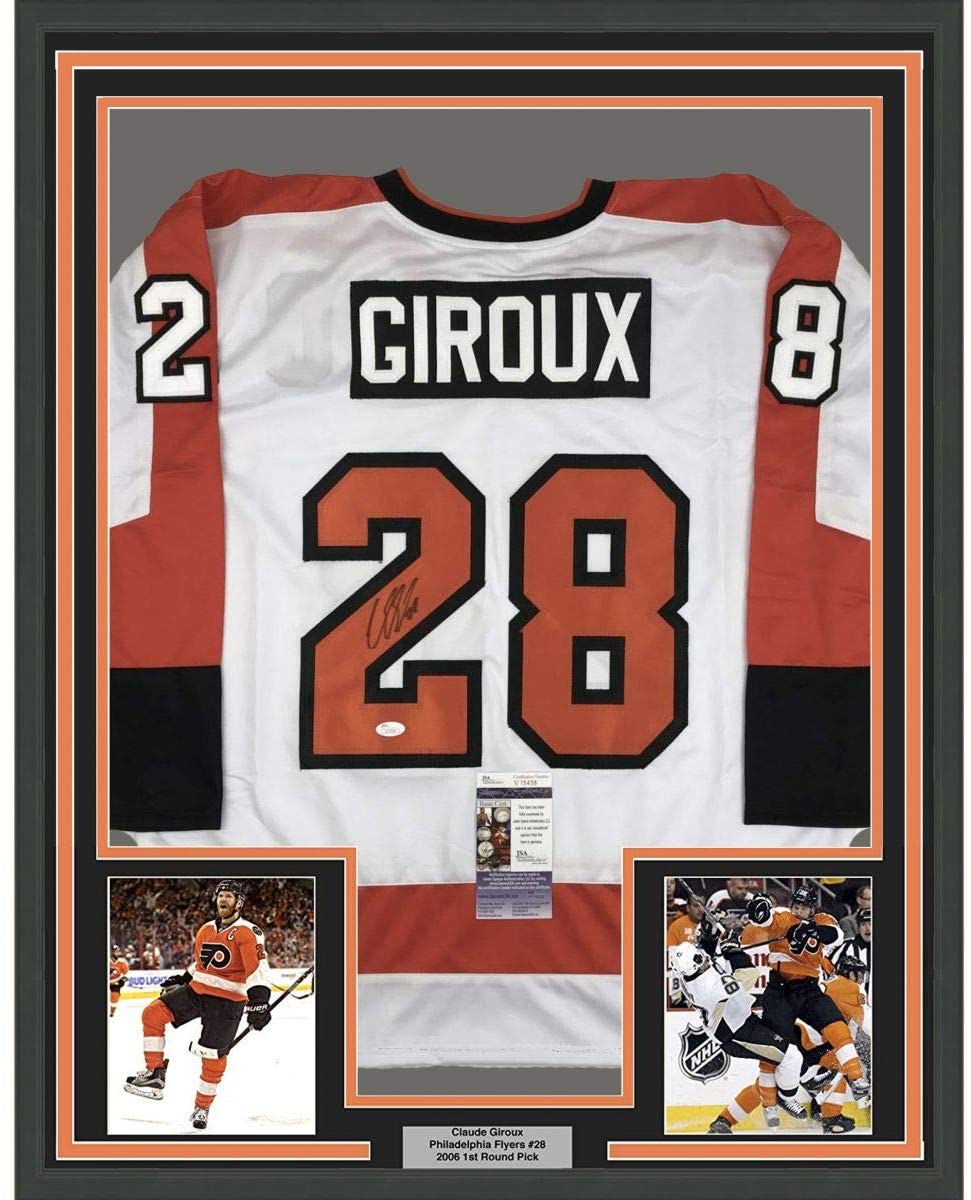Framed Autographed/Signed Claude Giroux 35x39 Philadelphia White Hockey Jersey JSA COA