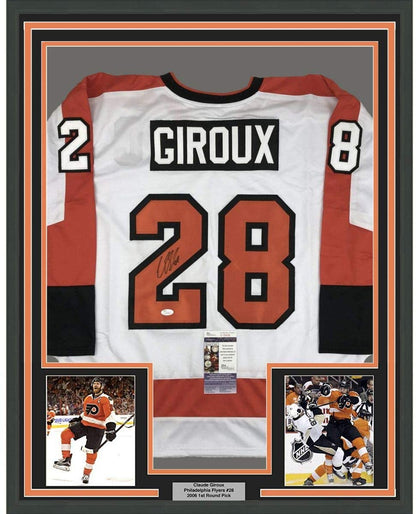 Framed Autographed/Signed Claude Giroux 35x39 Philadelphia White Hockey Jersey JSA COA
