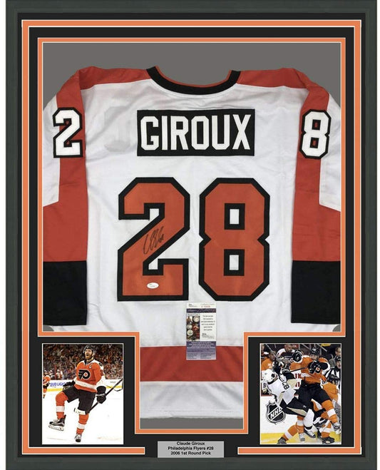 Framed Autographed/Signed Claude Giroux 35x39 Philadelphia White Hockey Jersey JSA COA