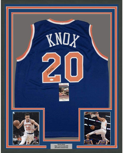 Framed Autographed/Signed Kevin Knox 35x39 New York Blue Basketball Jersey JSA COA