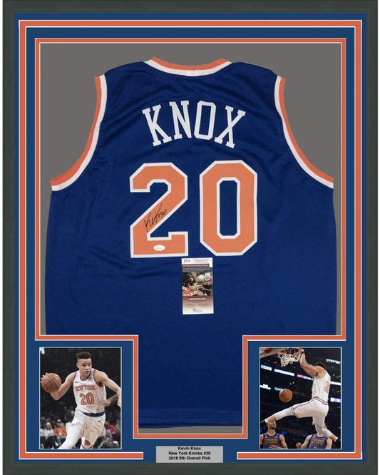 Framed Autographed/Signed Kevin Knox 35x39 New York Blue Basketball Jersey JSA COA