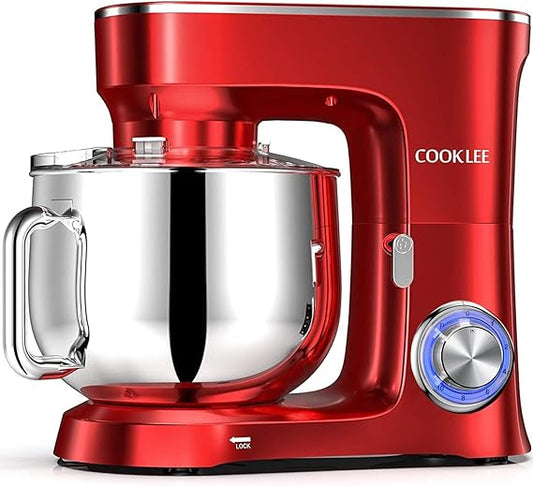 COOKLEE Stand Mixer, 9.5 Qt. 660W 10-Speed Electric Kitchen Mixer with Dishwasher-Safe Dough Hooks, Flat Beaters, Wire Whip & Pouring Shield Attachments for Most Home Cooks, SM-1551, Ruby Red