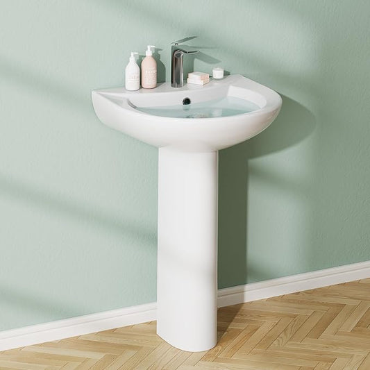 Bathroom Pedestal Sink, Pedestal Sink Combo for Restroom, 20''L X 17"W White Freestanding Ceramic Pedestal Sink With Overflow Hole and Pre-Drilled Single Hole