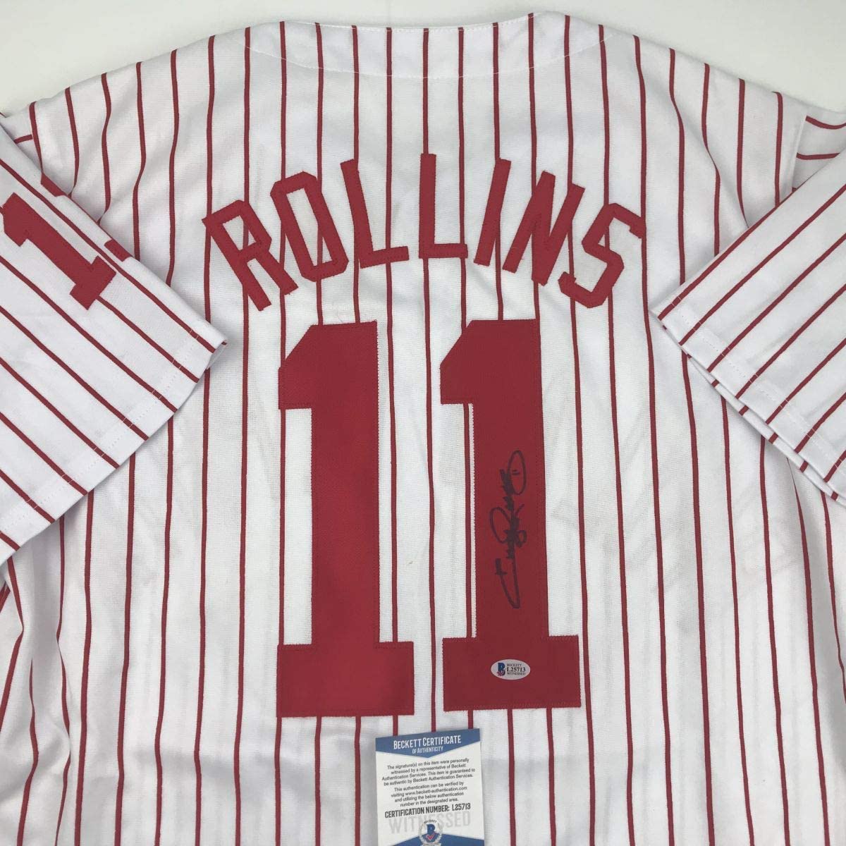 Autographed/Signed Jimmy Rollins Philadelphia Pinstripe Baseball Jersey Beckett BAS COA
