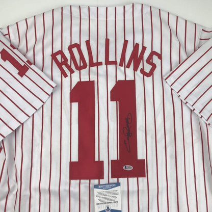 Autographed/Signed Jimmy Rollins Philadelphia Pinstripe Baseball Jersey Beckett BAS COA