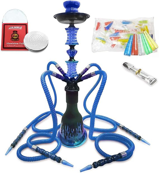23'' Hookah Set with Everything, Premium Hookah Shisha set, Up To 4 Persons Hookah Complete Set with 50 Disposable Tips, 50 Pre-Punched Aluminum Foil(Blue)