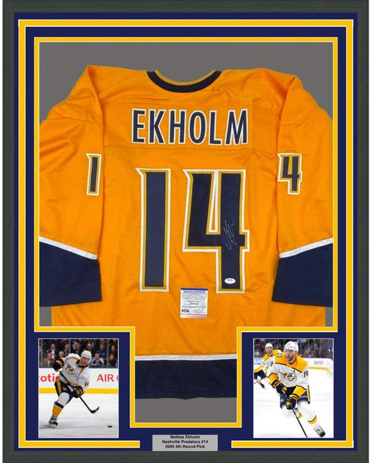 Framed Autographed/Signed Mattias Ekholm 35x39 Nashville Yellow Hockey Jersey PSA/DNA COA