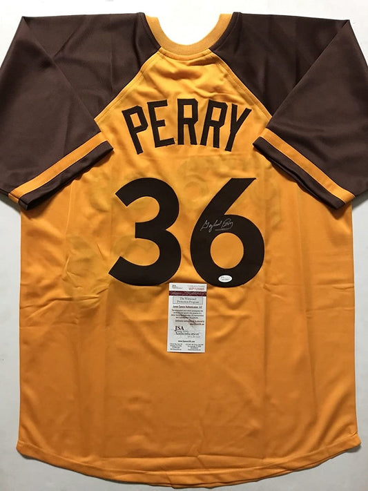 Autographed/Signed Gaylord Perry San Diego Yellow Retro Baseball Jersey JSA COA