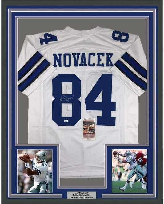 Framed Autographed/Signed Jay Novacek 35x39 Dallas White Football Jersey JSA COA