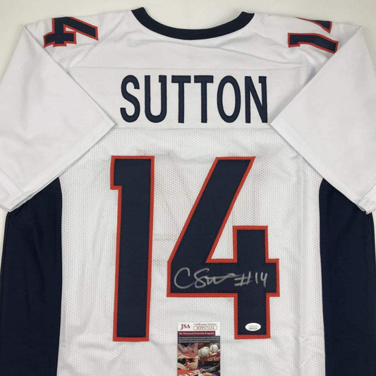 Autographed/Signed Courtland Sutton Denver White Football Jersey JSA COA