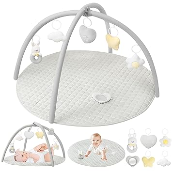 Baby Activity Gyms & Playmats, Tummy Time Mat for Babies 0-6 Month, 6 Detachable Toys for Sensory and Motor Skill Development, Washable Baby Play Mat, Convertible Stage-Based Developmental, Grey