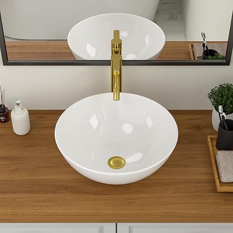 Logmey Round Bathroom Sink - 16"x16" Modern Round Bowl Above Counter White Porcelain Ceramic Bathroom Vessel Vanity Sink Art Basin