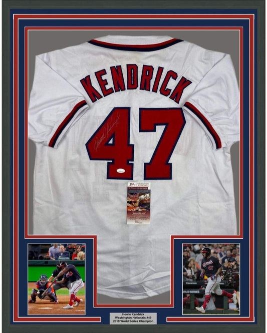 Framed Autographed/Signed Howie Kendrick 35x39 Washington White Baseball Jersey JSA COA