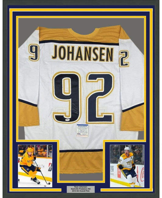 Framed Autographed/Signed Ryan Johansen 35x39 Nashville White Hockey Jersey PSA/DNA COA
