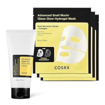 COSRX Snail 92% Cream + Hydrogel Mask 3EA- Advanced Snail Mucin 92% Moisturizer and Glass Glow Hydrogel Collagen Face Masks, Travel Essentials, Stocking Stuffers, Korean Skin Care