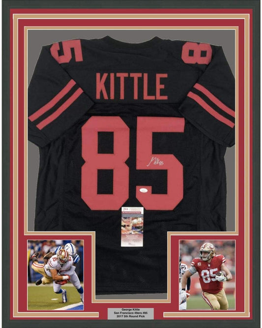 Framed Autographed/Signed George Kittle 35x39 San Francisco Black Football Jersey JSA COA