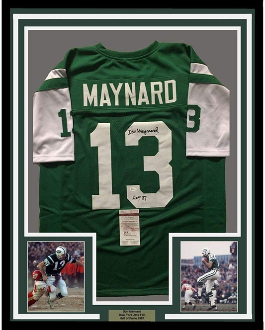 Framed Autographed/Signed Don Maynard HOF 87 35x39 New York Green Football Jersey JSA COA