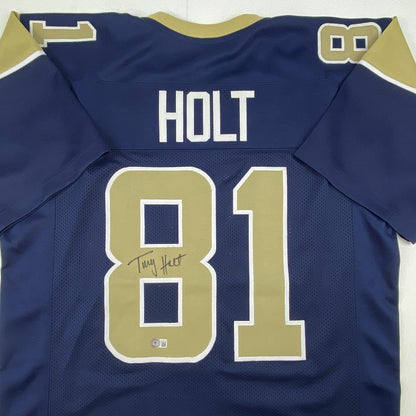 Autographed/Signed Torry Holt St. Louis Dark Blue Football Jersey Beckett BAS COA