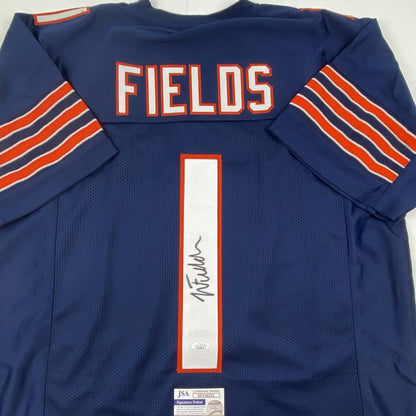 Autographed/Signed Justin Fields Chicago Blue Football Jersey JSA COA