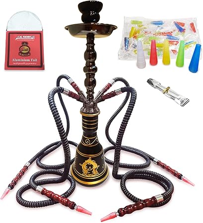 22" Premium Hookah Set with 4 Hose, Complete Hookah Accessories Shisha Hookah Kit with 50 Disposable Tips, 50 Pre-Punched Aluminum Foil Coal Tong(Black and Gold)