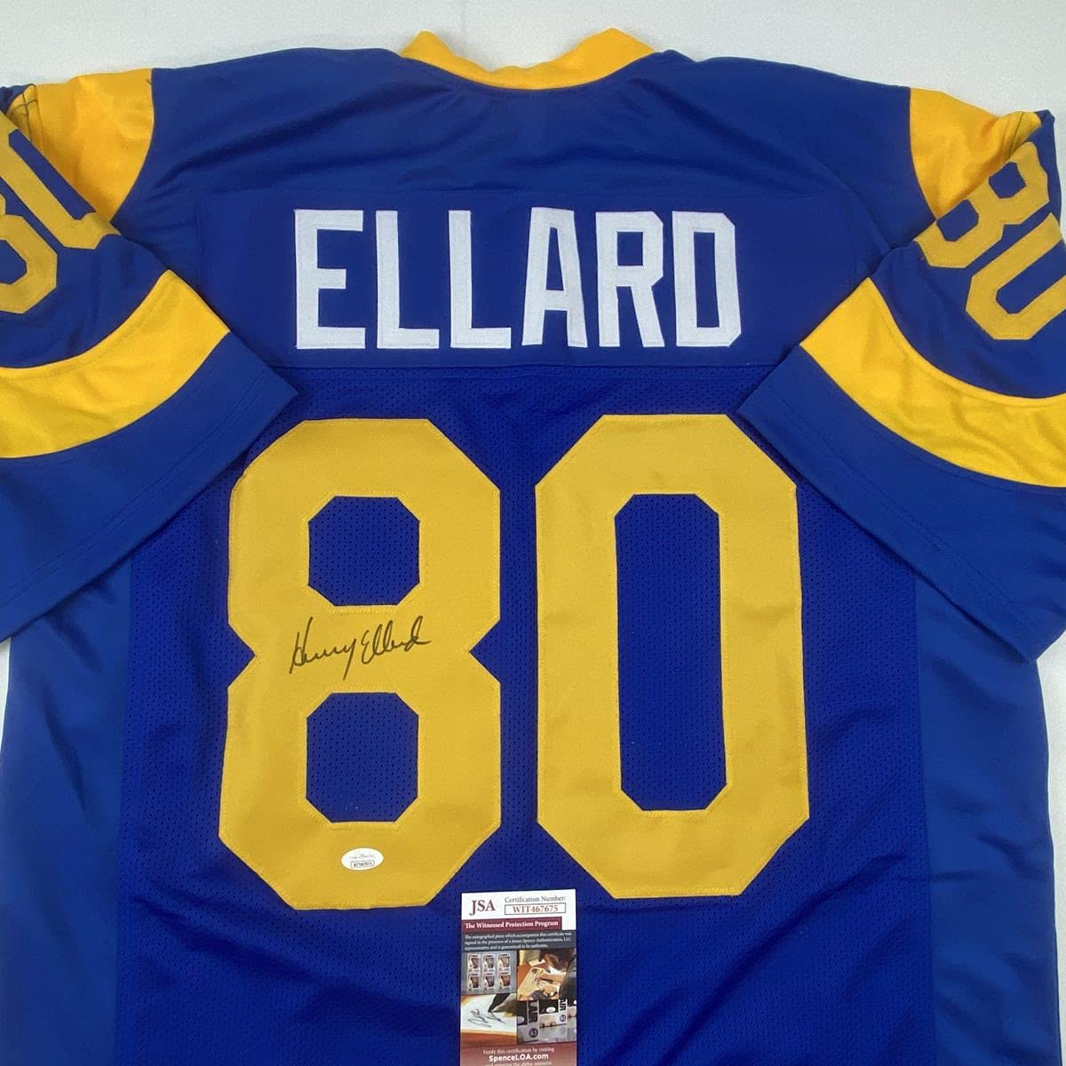 Autographed/Signed Henry Ellard Los Angeles LA Blue Football Jersey JSA COA