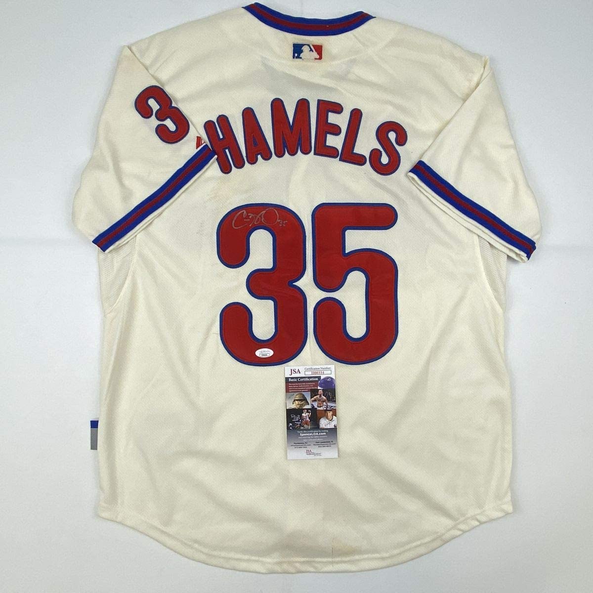 Autographed/Signed Cole Hamels Philadelphia Cream Baseball Jersey JSA COA