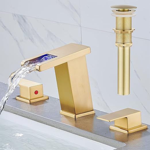 LED Bathroom Faucet 3 Hole, Brushed Gold Waterfall Bathroom Faucets, 8 Inch Widespread Modern Bathroom Sink Faucet, Wide Spread Touch On Three Hole 2 Handle Bathroom Vanity Faucet