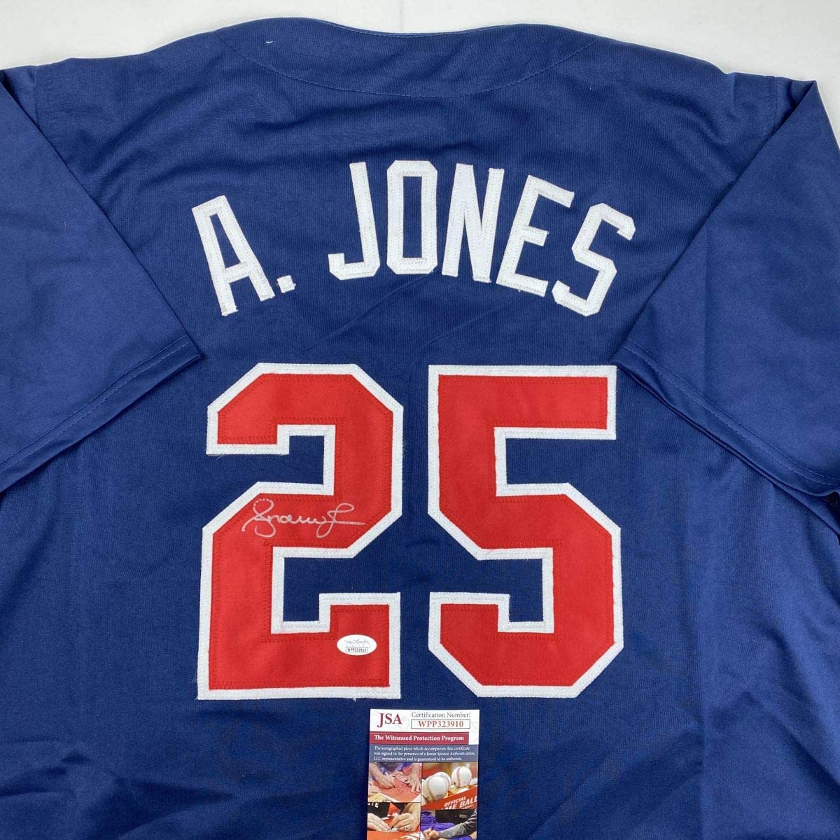 Autographed/Signed Andruw Jones Atlanta Blue Baseball Jersey JSA COA