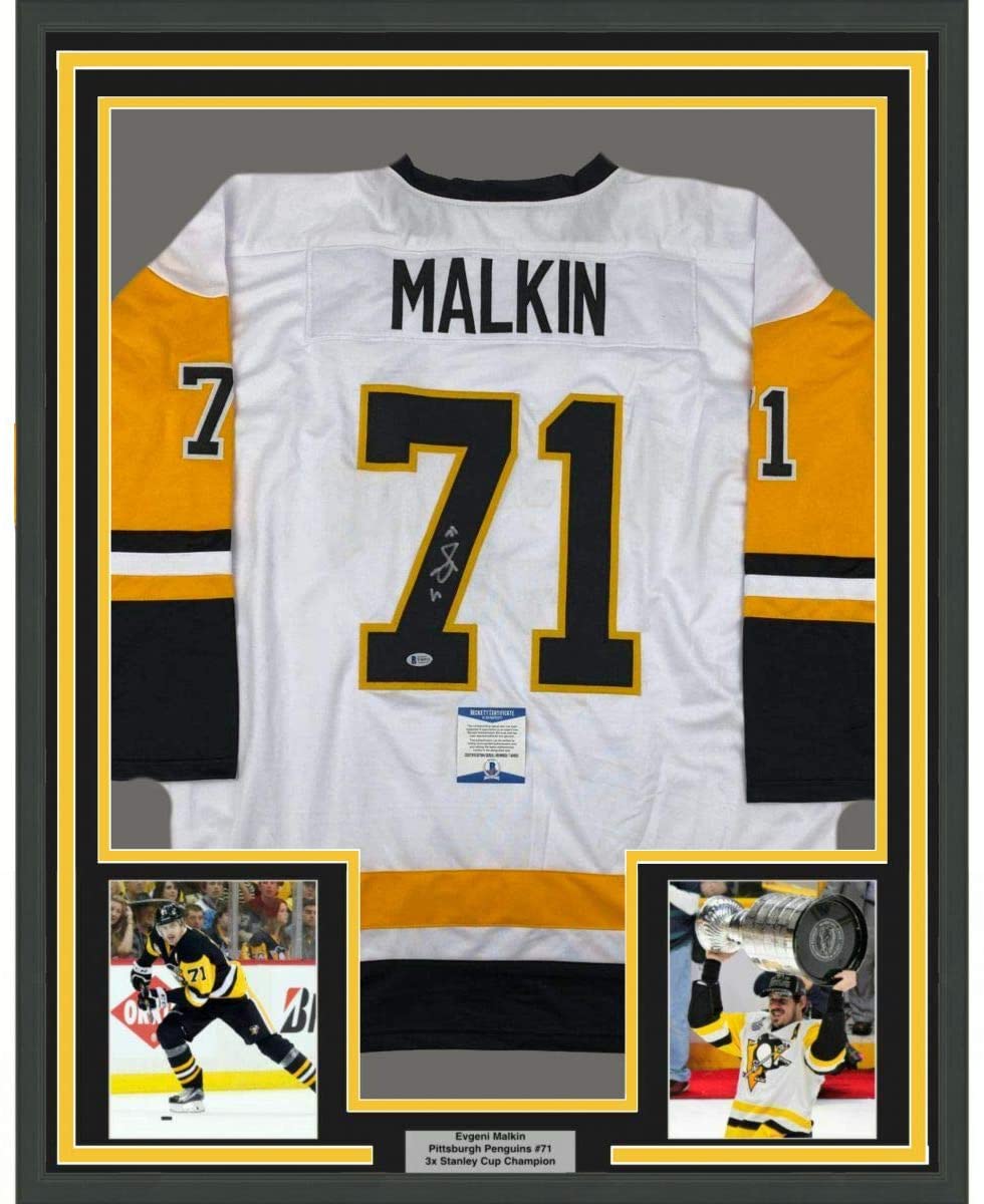Framed Autographed/Signed Evgeni Malkin 35x39 Pittsburgh White Hockey Jersey Beckett BAS COA