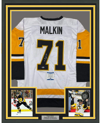 Framed Autographed/Signed Evgeni Malkin 35x39 Pittsburgh White Hockey Jersey Beckett BAS COA