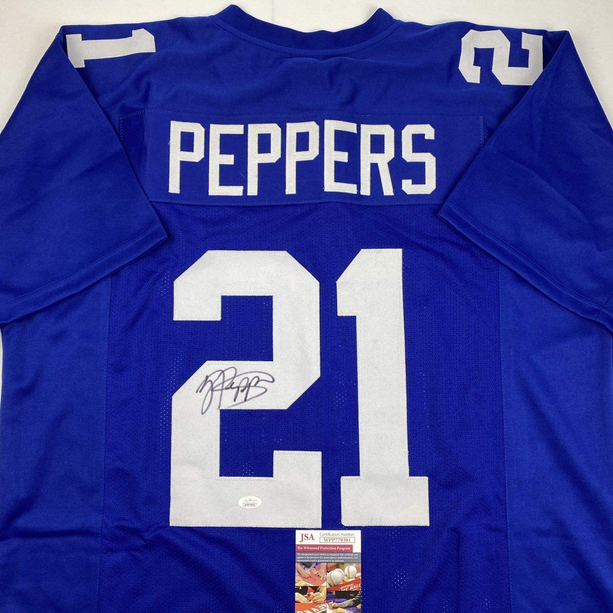 Autographed/Signed Jabrill Peppers New York Blue Football Jersey JSA COA