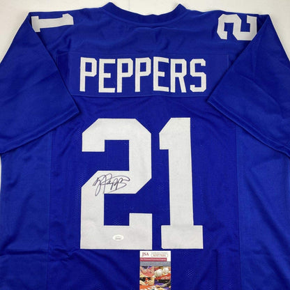 Autographed/Signed Jabrill Peppers New York Blue Football Jersey JSA COA