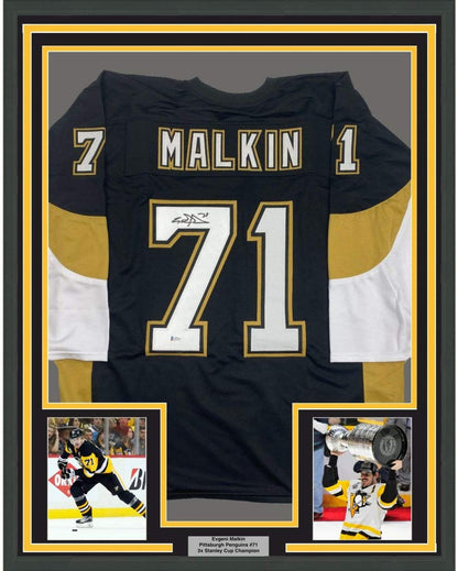 Framed Autographed/Signed Evgeni Malkin 35x39 Pittsburgh Black Hockey Jersey Beckett BAS COA