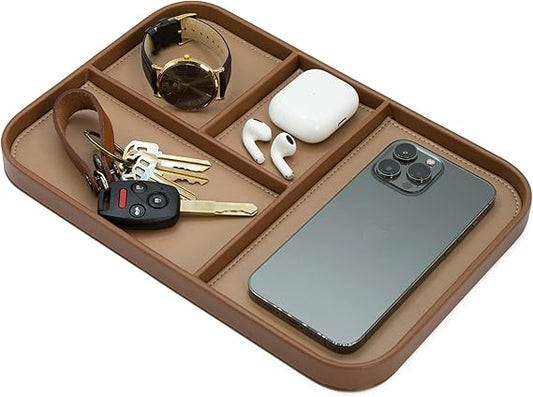MUUJEE Leather Catchall Multitray (Design 1) - 11.65 x 7.75 x 0.8, Everyday Watch and Wallet Caddy Organizer with 4 Compartments, Accessory Glasses Phone Valet Dump Tray for Bedside Nightstand, Tan