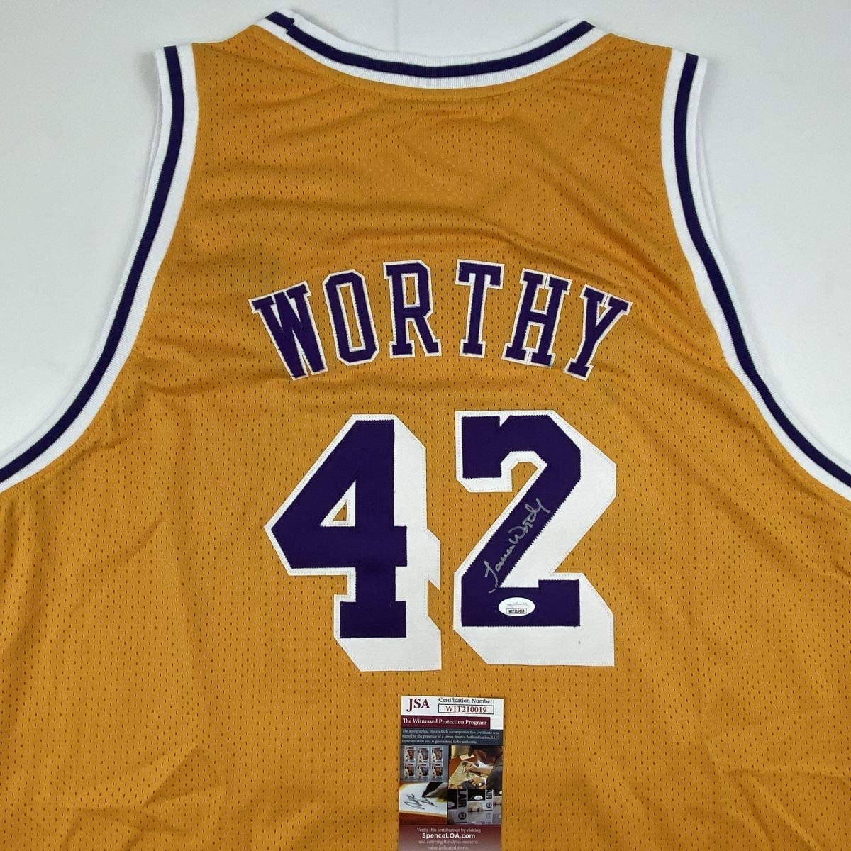 Autographed/Signed James Worthy Los Angeles LA Yellow Basketball Jersey JSA COA
