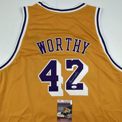 Autographed/Signed James Worthy Los Angeles LA Yellow Basketball Jersey JSA COA