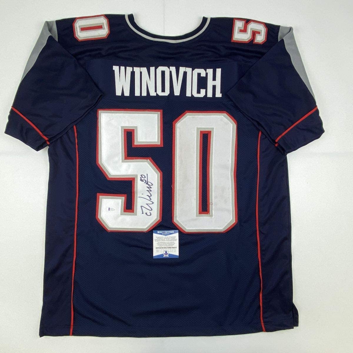 Autographed/Signed Chase Winovich New England Blue Football Jersey Beckett BAS COA
