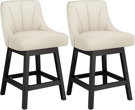 2025 Upgraded Swivel Bar Stools with Backs, 26" Counter Height Bar Stools Set of 2, Linen Fabric Upholstered Counter Barstools with Solid Wood Legs for Kitchen Island, Dining Room, Beige