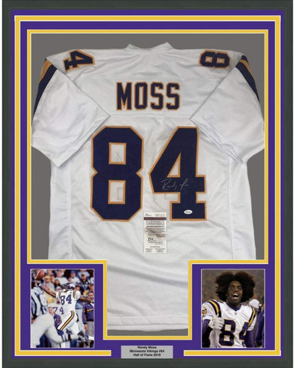 Framed Autographed/Signed Randy Moss 35x39 Minnesota White Football Jersey JSA COA